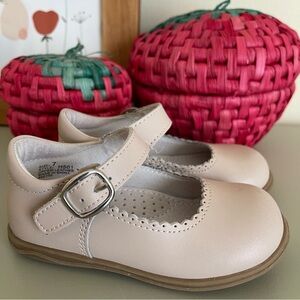 L’Amour Chloe Classic Scalloped Leather Mary Jane toddler beige almond shoes